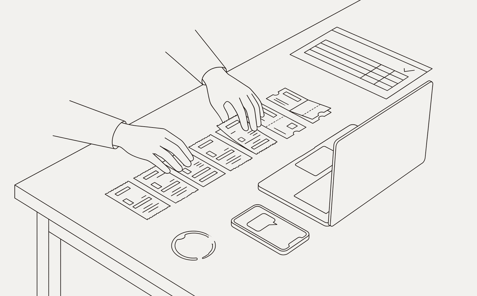 Ilustración de línea: dos manos acomodando en fila los comprobantes de un viaje sobre un escritorio, junto a una laptop con la liquidación en pantalla y un teléfono con un mensaje.